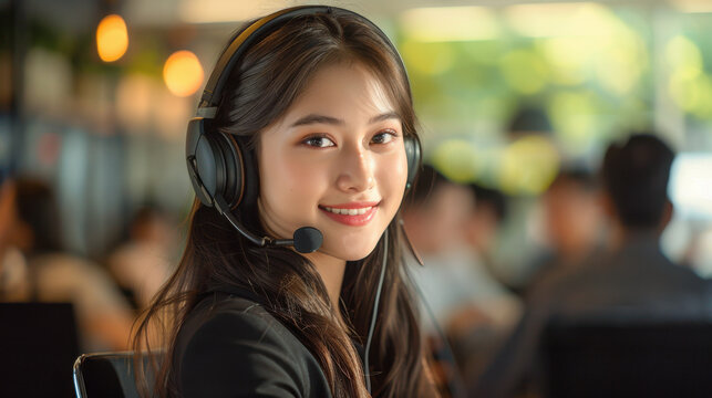 Professional Asian woman smiling with headphones in a co-working space providing tech support through online services