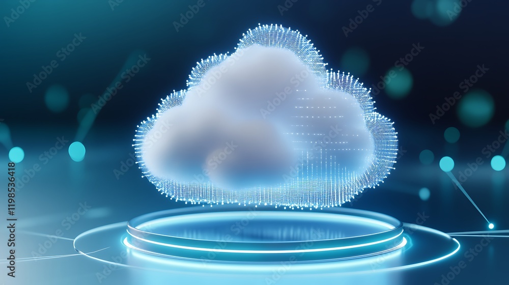 Poster digital cloud technology concept with abstract data points and neon circles on dark background
