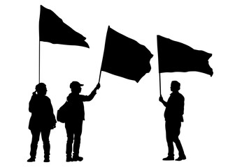 People of with banner and flags. Isolated silhouettes of people on a white background