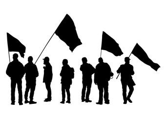 People of with banner and flags. Isolated silhouettes of people on a white background