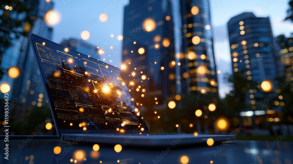 Fototapete laptop displaying digital data with glowing particles in urban setting at dusk. scene captures blend