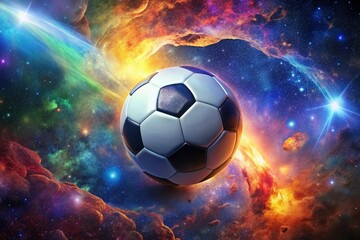 Naklejka premium Cosmic Football: Photorealistic Soccer Ball Planet in Deep Space