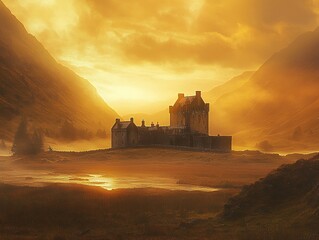 Obraz premium Majestic Eilean Donan Castle bathed in the golden light of sunrise. A breathtaking Scottish landscape.
