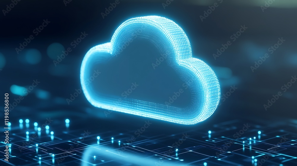 Poster digital cloud technology concept with neon glow and circuit patterns on dark background
