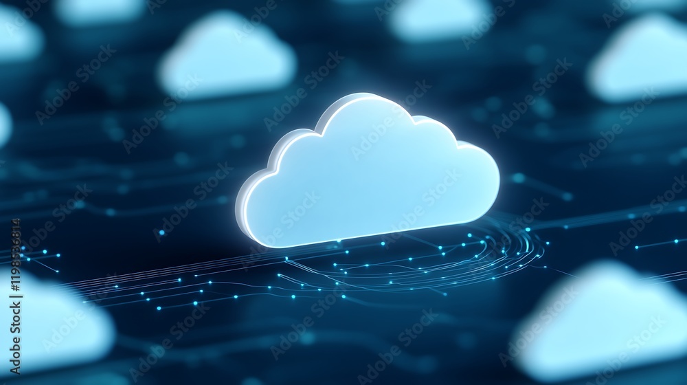 Poster digital cloud technology concept with soft blue clouds and data connections on a dark background