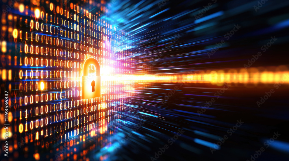 Poster digital lock surrounded by binary code represents cybersecurity and data protection. vibrant colors and motion convey sense of urgency and technological advancement