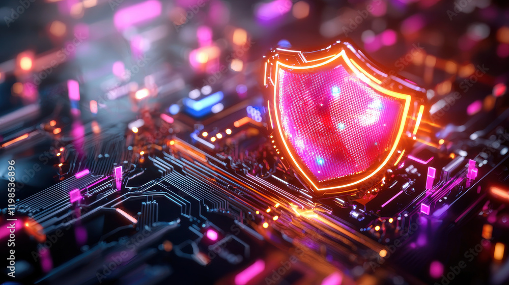 Aufkleber futuristic firewall symbolizing digital protection on circuit board, glowing with vibrant colors. th