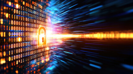 digital lock surrounded by binary code represents cybersecurity and data protection. vibrant colors and motion convey sense of urgency and technological advancement