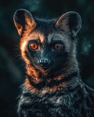 Obraz premium Close-Up Portrait of a Striking Animal with Red Eyes and Unique Fur Patterns in a Dark Natural Environment