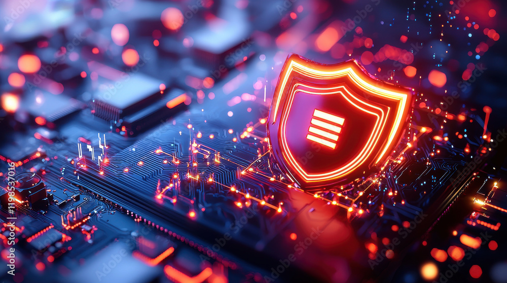 Poster futuristic firewall symbol glows on digital circuit board, representing advanced cybersecurity techn