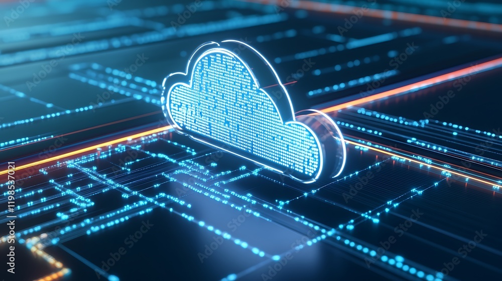 Poster digital cloud technology with glowing data lines representing modern data storage and connectivity s
