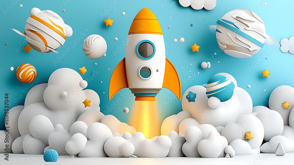 Poster rocket launching into space among colorful planets and clouds digital art imaginative environment fa