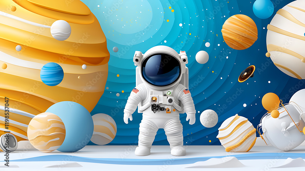 Poster astronaut exploring colorful space outer cosmos 3d animation vibrant environment whimsical perspecti