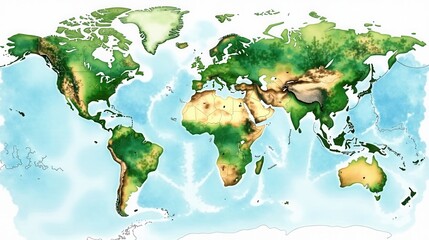 A Detailed Watercolor World Map Showing Diverse Terrestrial Biomes and Ocean Currents