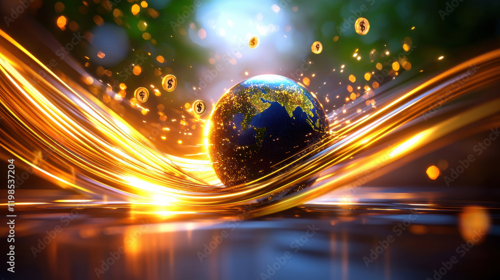 Aufkleber abstract image representing global economic shifts with glowing globe surrounded by dynamic golden waves and dollar symbols, symbolizing financial growth and change