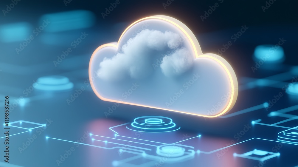 Poster digital representation of cloud computing with glowing outlines and futuristic technology background