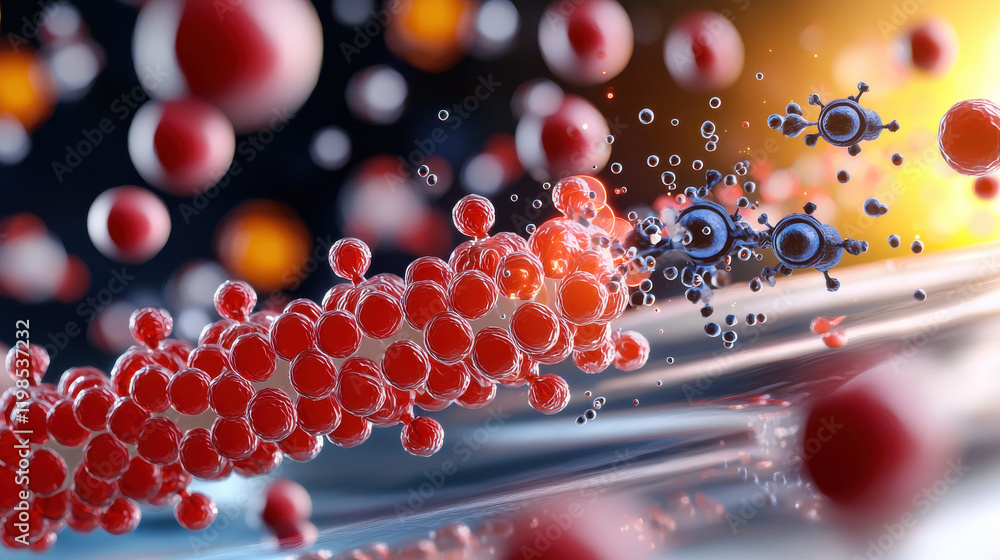 Poster abstract rendering of nanobots analyzing cellular structures, showcasing vibrant red blood cells and