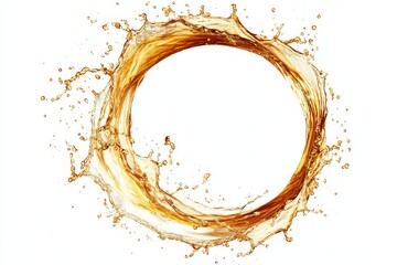 Amber liquid splash forming a circle on white background.