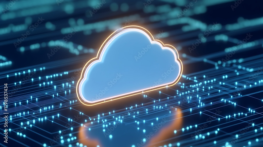 Poster futuristic blue cloud icon with bright lines and dots on digital background representing data and te