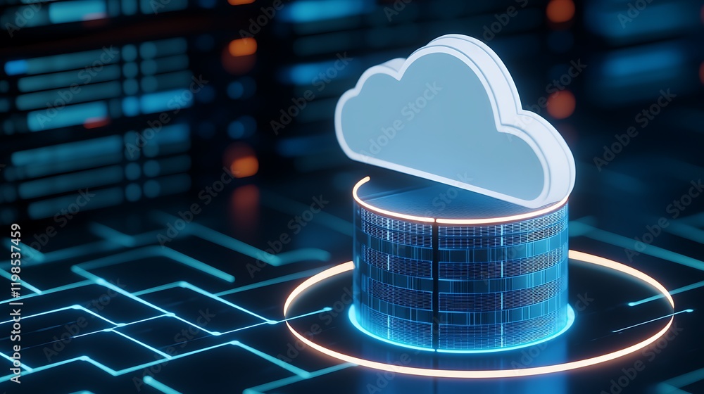 Poster futuristic cloud computing concept depicting data storage and networking in a digital environment
