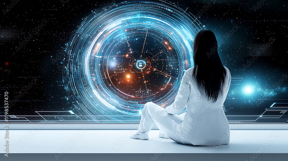 Poster exploring cosmic realms futuristic woman gazes at stellar data visualizations sci-fi setting digital