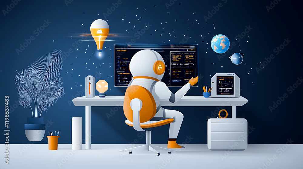 Poster astronaut working on a high-tech computer digital workspace modern office space-themed environment f