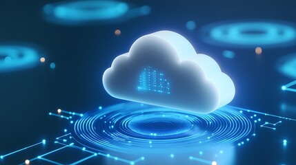 Futuristic 3D Cloud Technology with Digital Data Circles Representing Cloud Computing and Data Storage Solutions