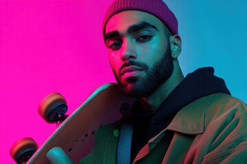 Stylish Man with Skateboard Posing Under Neon Lights