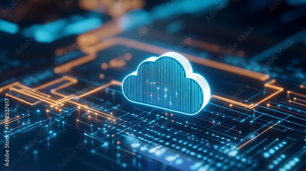 Poster futuristic cloud computing concept with circuit board and digital lines on technology background