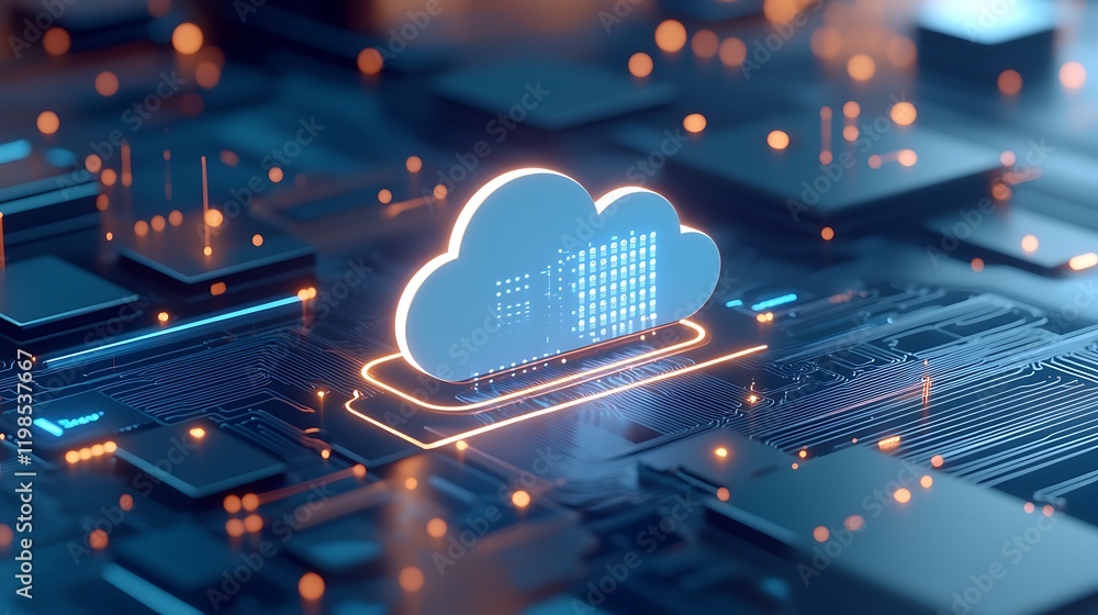 Poster futuristic cloud computing concept with data flow visualization and digital technology background