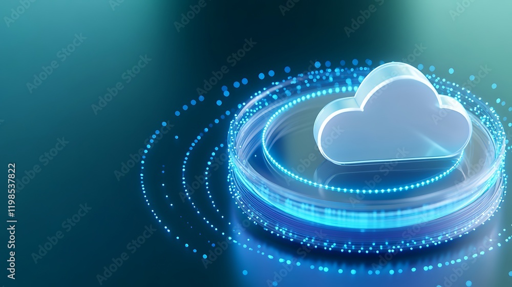 Poster futuristic cloud computing concept with digital circles and glowing particles representing data tran