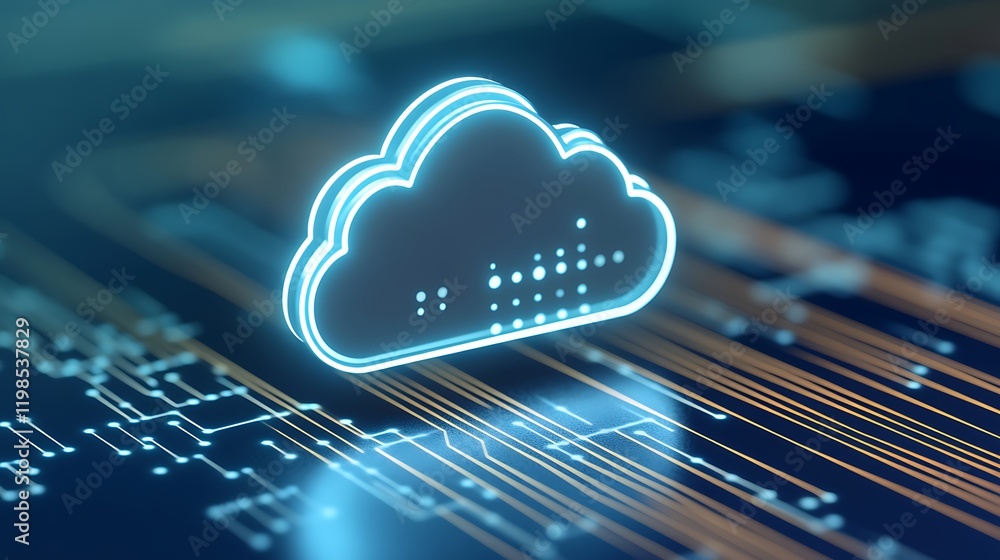 Poster futuristic cloud computing concept with digital circuit background in blue and orange colors, abstra