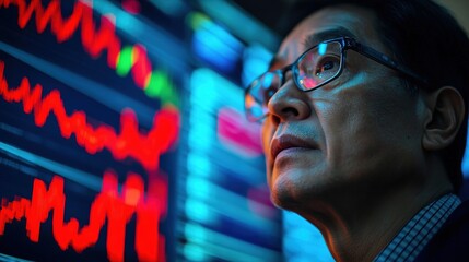 Investor analyzing stock market trends with gigapixel graphs in a high-tech environment