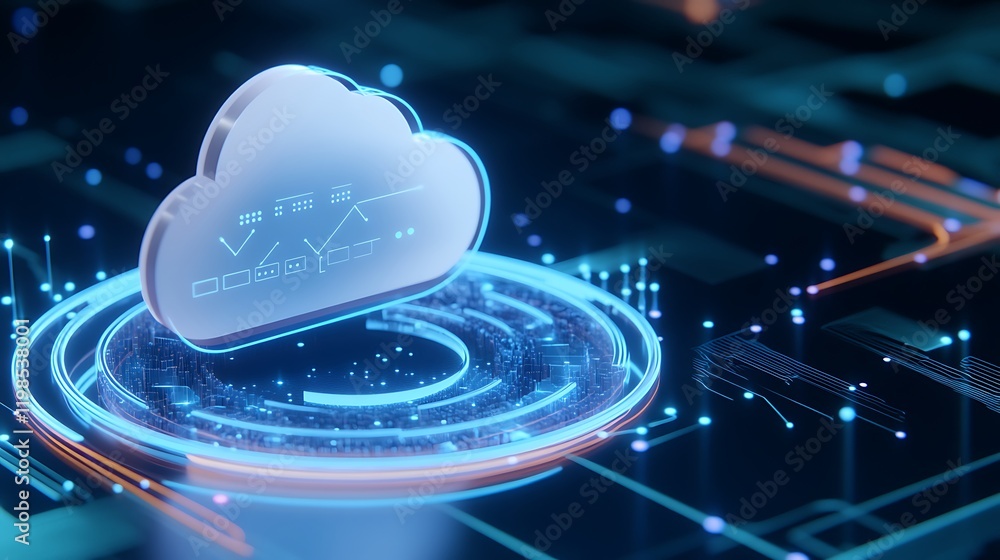 Poster futuristic cloud computing concept with digital circuitry and neon lights illustrating data connecti