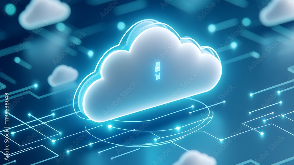 Poster futuristic cloud computing concept with digital connections and data streams in blue and white color