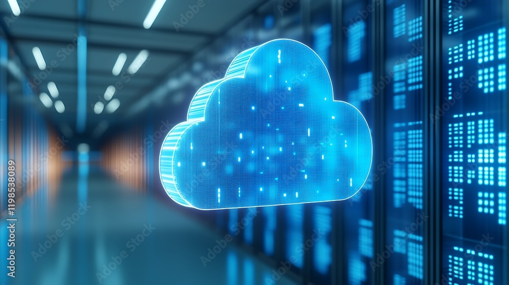 Poster futuristic cloud computing concept with digital data flow in a server room background