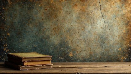 A Stack of Aged Books Rests on a Rustic Wooden Table Against a Weathered Wall