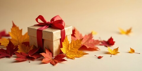 Fototapeta premium Autumnal Gift Presentation A Small Gift Box with a Red Ribbon Surrounded by Vibrant Fall Leaves on a Neutral Background