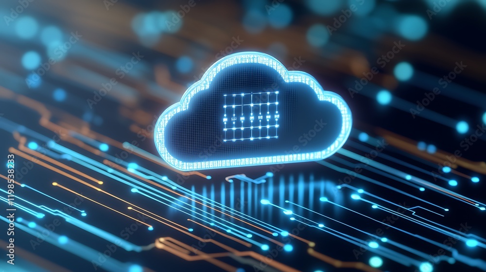 Poster futuristic cloud computing concept with digital network connections and glowing circuit patterns