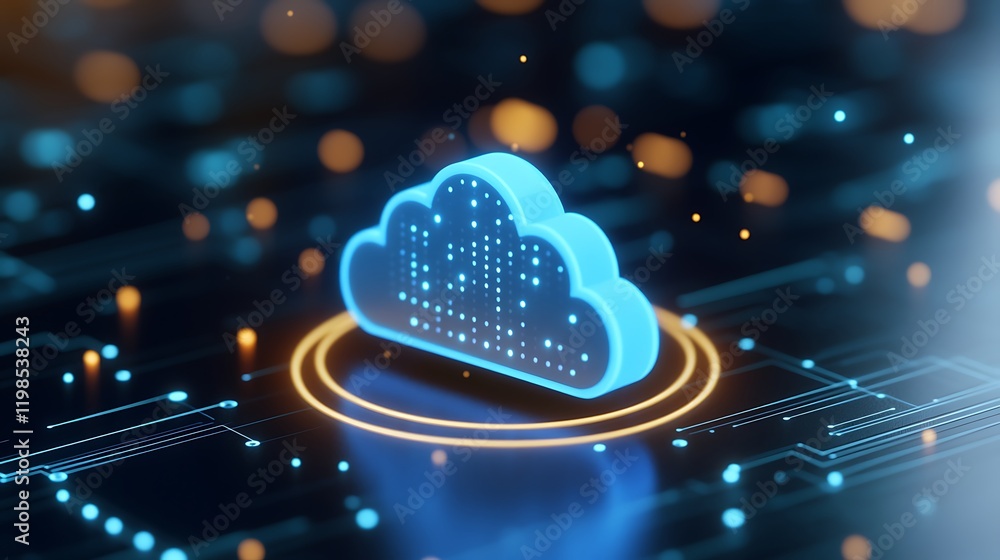 Poster futuristic cloud computing concept with digital particles and circuits representing data storage and