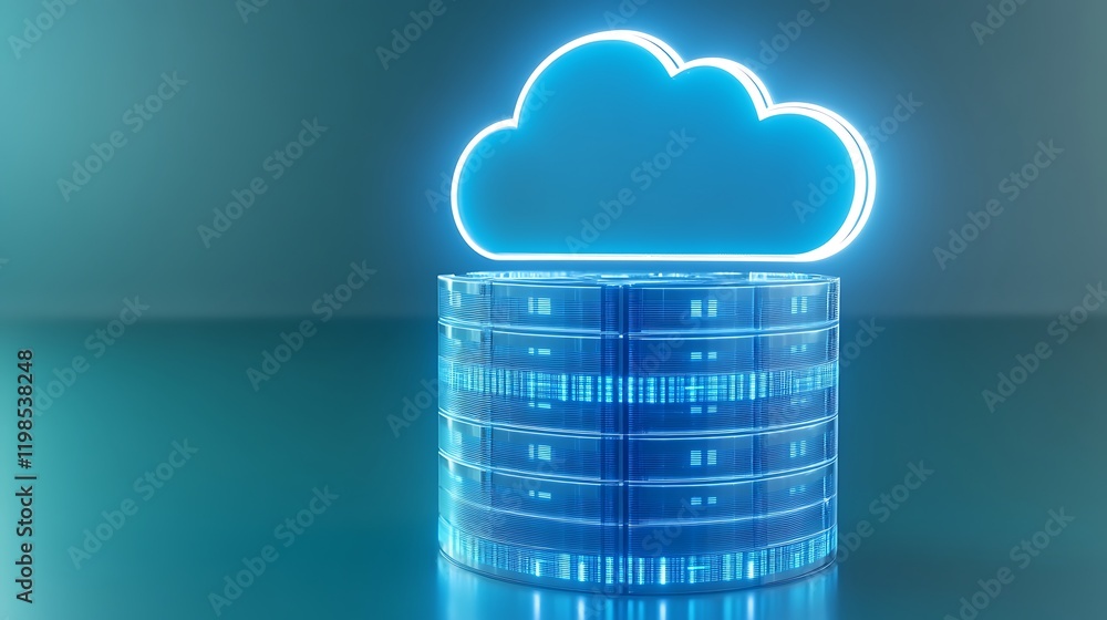 Poster futuristic cloud computing concept with digital data storage and neon cloud icon design