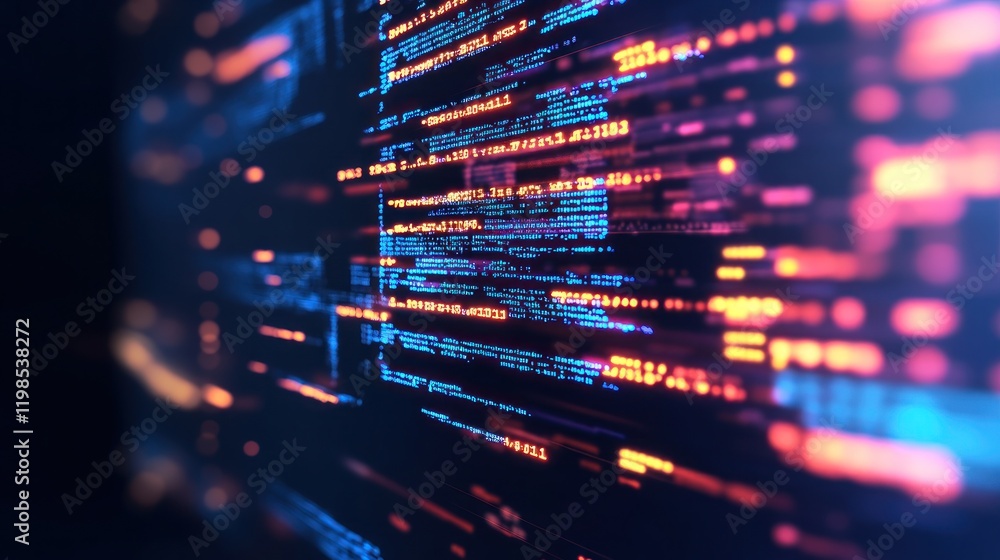 Poster abstract digital code stream: neon hues of programming