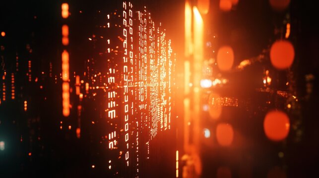 Abstract Digital Data Stream:  A fiery orange visualization of binary code flowing through space, creating a dynamic and energetic composition.