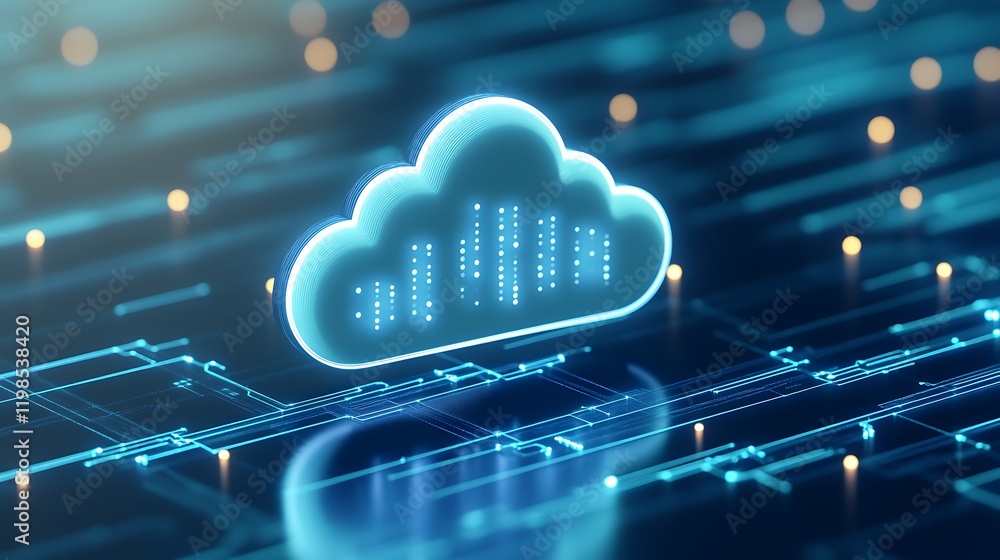 Poster futuristic cloud computing concept with glowing elements and data visualization on digital backgroun