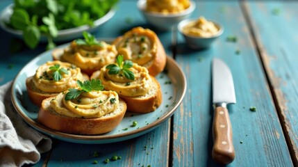Fototapeta premium Delicious Creamy Spreads on Toasted Bread Slices, Garnished with Fresh Herbs, Served on a Rustic Plate