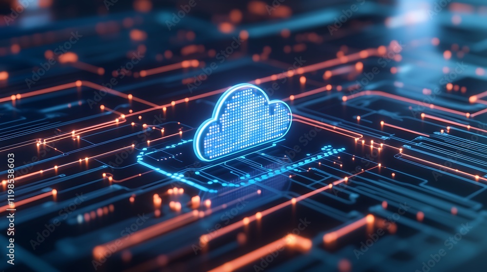 Poster futuristic cloud computing concept with neon lights and circuit board background in digital technolo