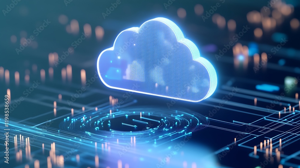 Poster futuristic cloud computing concept with networking and data transfer in a digital environment