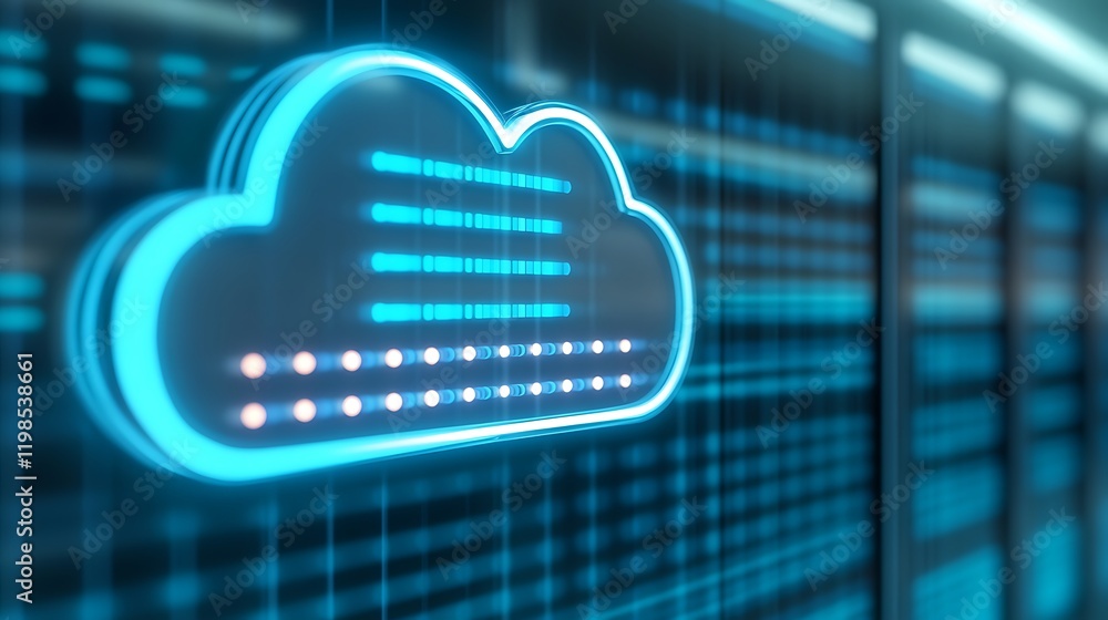 Poster futuristic cloud computing concept with vibrant neon lights and data visualization background