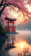 Obraz premium A peaceful scene of a Shinto shrine gate (torii) at sunrise, with soft mist rolling over a calm lake and cherry blossoms gently falling.