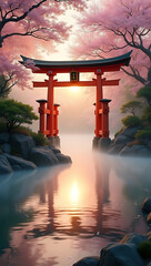 
A peaceful scene of a Shinto shrine gate (torii) at sunrise, with soft mist rolling over a calm lake and cherry blossoms gently falling.

